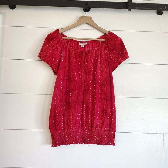 Dressbarn Red Sparkly Sequin Embroidered Y2K Stretchy Smocked Waist Top Blouse L - Picture 1 of 11